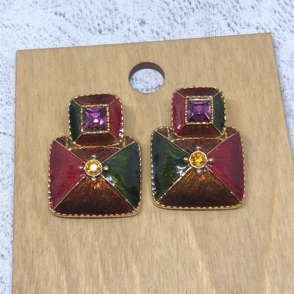 Vintage enamel bejeweled rhinestones statement earrings geometric double square